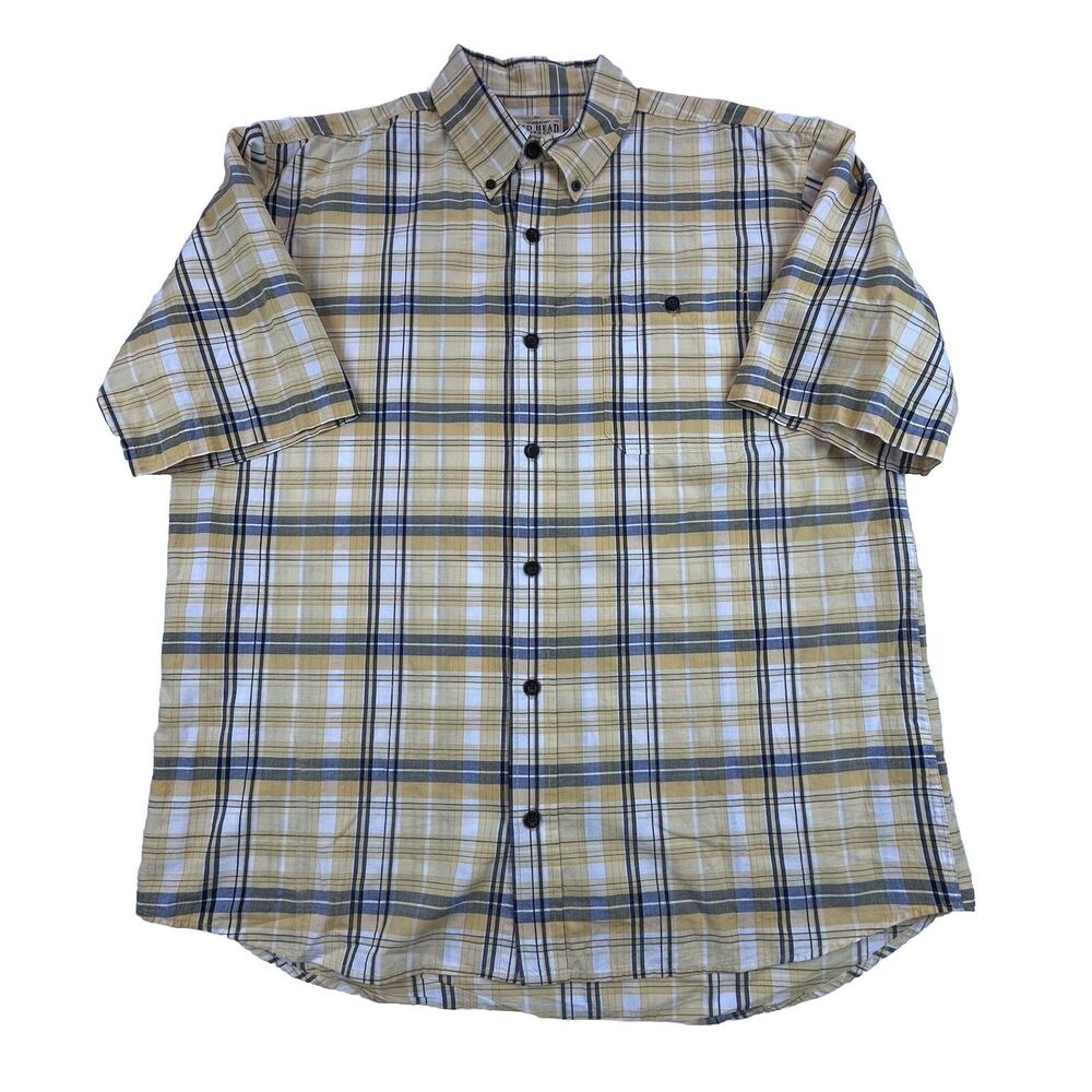 Red Head Button Up Shirt Mens L Yellow Blue Plaid Short Sleeve Rustic Pocket